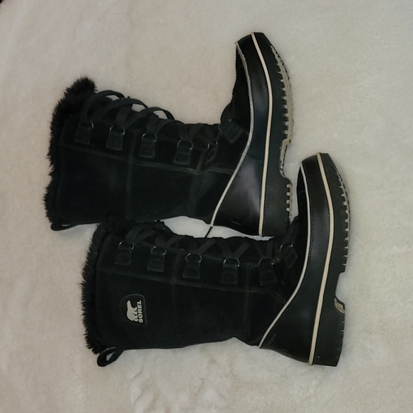 Sorel Tivoli Black Suede Furry Winter Waterproof Lace Up Tall Snow Boots